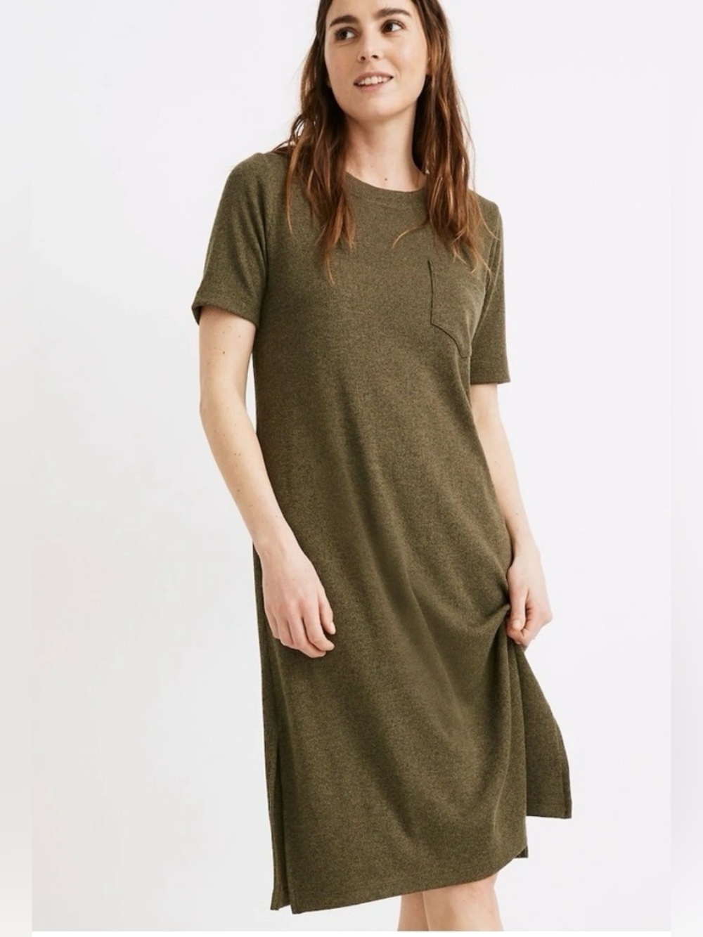 Madewell Olive Short-Sleeve Knit Dress with Pocket